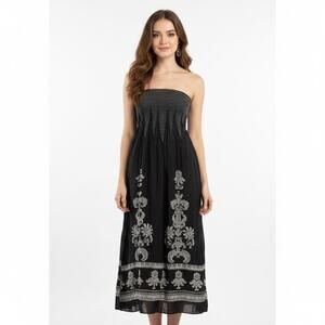 Lapis Anthropologie Strapless Boho Midi Dress Black Floral Resort OS Smocked